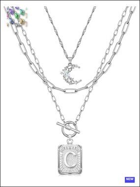 14K Gold Plated Brass Layered Initial Necklace Set with Moon Pendant
